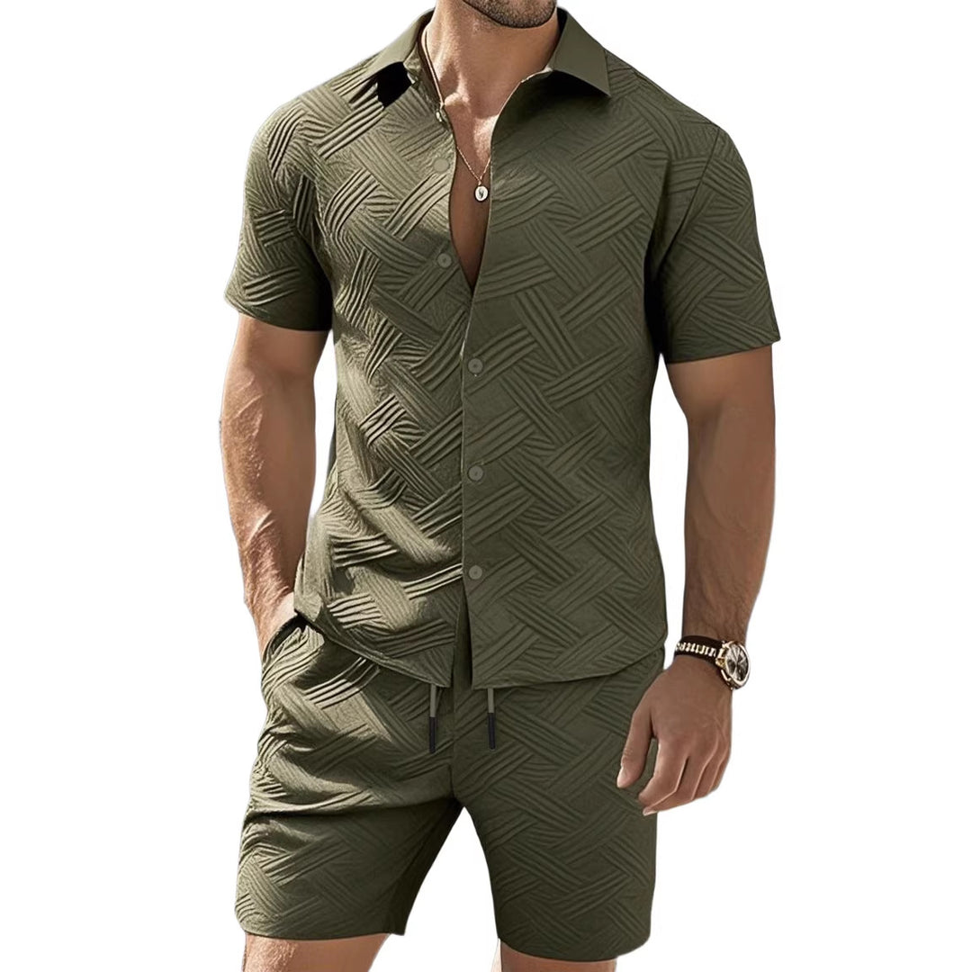 Men's nan geometric embossed short sleeve shirt and Bermuda two-piece set with shirt collar and drawstring StylebySassy