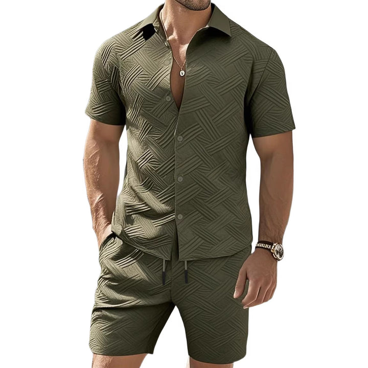 Men's nan geometric embossed short sleeve shirt and Bermuda two-piece set with shirt collar and drawstring StylebySassy