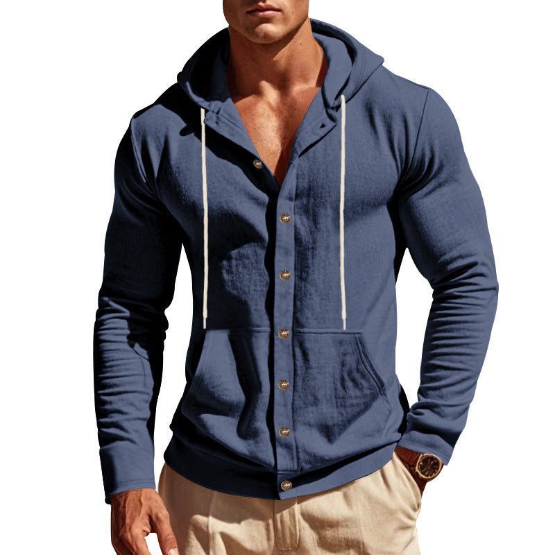 Men's slim-fit hoodie cardigan with full button placket, mounted kangaroo pocket, and lightweight structured knit StylebySassy