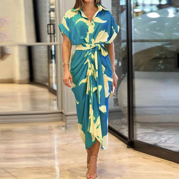 Women’s draped shirt midi dress with waist tie belt, side draping and button placket StylebySassy