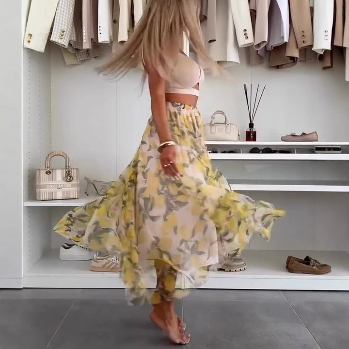 Women's flowing maxi skirt with layered chiffon overlay, elastic waistband and fine floral print StylebySassy