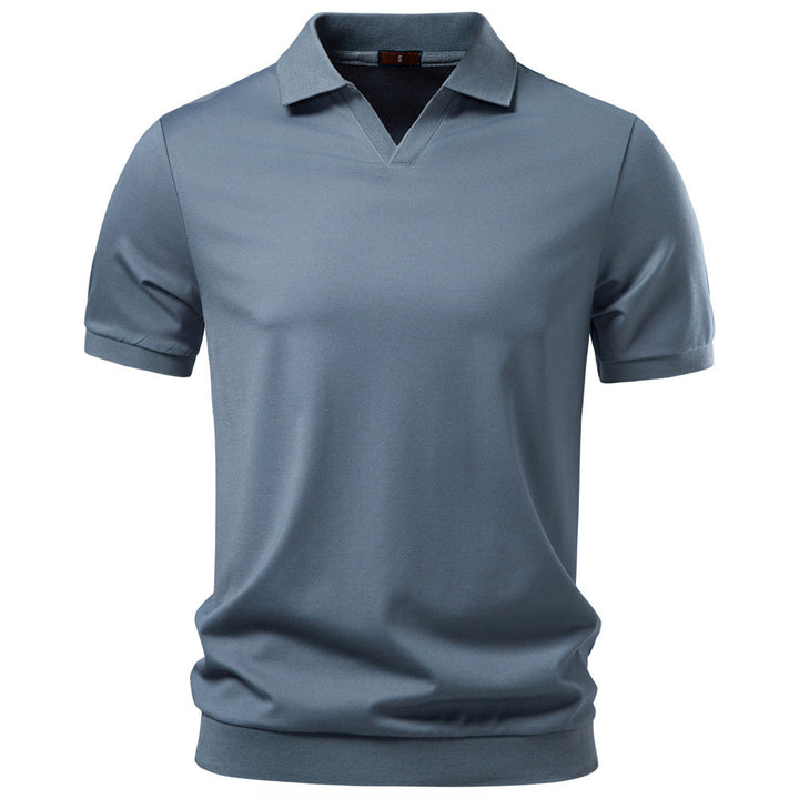Men's fine-knit short-sleeve polo shirt with open V-neck and elastic hem StylebySassy