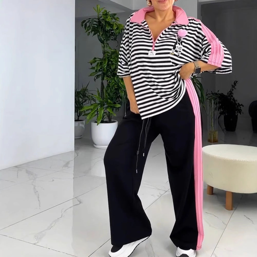 Women's casual two-piece polo lounge set with oversized stripes, pompom application, and contrasting side panels StylebySassy