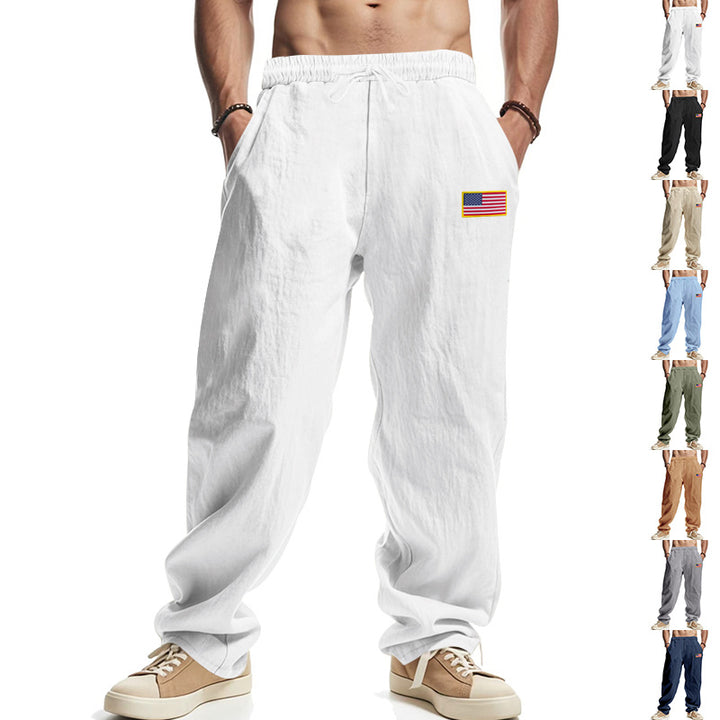 Men's casual cotton-linen lounge pants with elastic waistband, drawstring, and discreet flag application StylebySassy