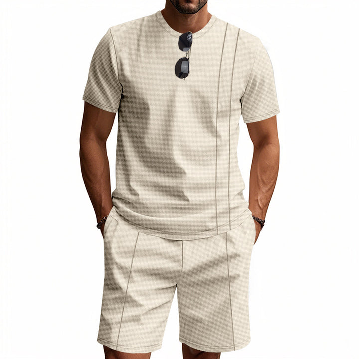 Men's urban waffle jersey ensemble with contrasting decorative seams and loose Bermuda fit StylebySassy