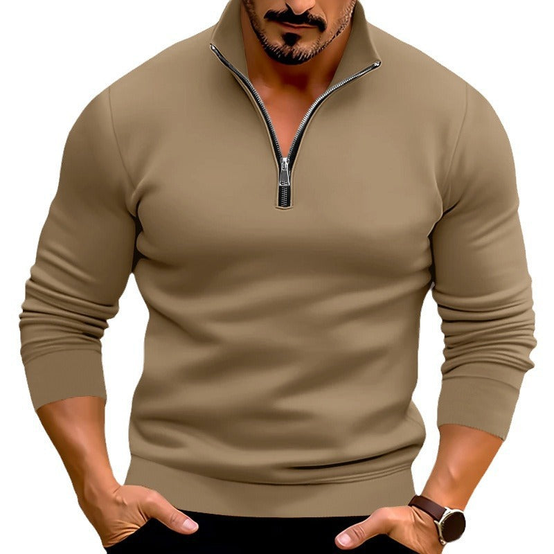 Men's fitted fine knit pullover with short zipper and stand-up collar StylebySassy