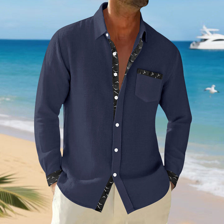Men's casual linen blend shirt with contrasting trim on collar and cuffs as well as breast pocket StylebySassy