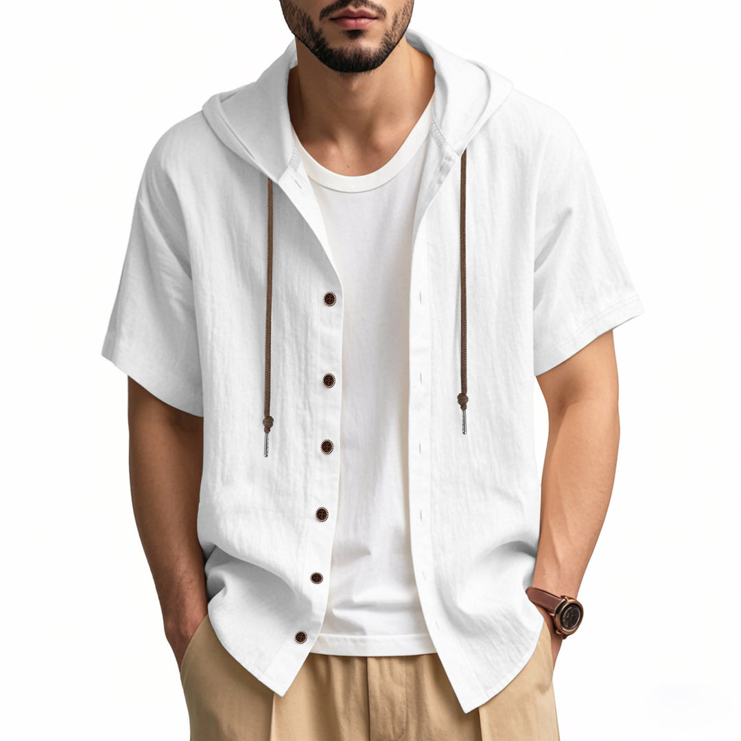 Men's breathable short sleeve hoodie made of linen blend with wooden button placket and drawstring StylebySassy