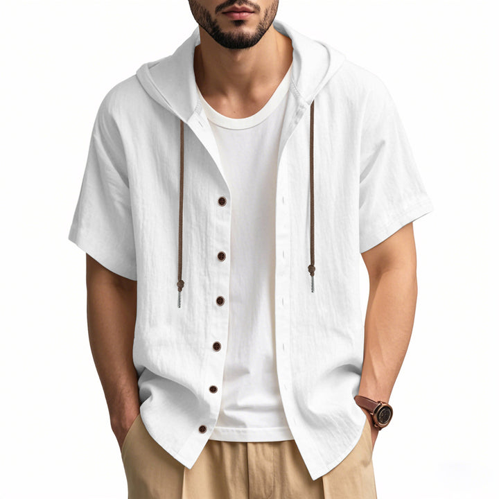 Men's breathable short sleeve hoodie made of linen blend with wooden button placket and drawstring StylebySassy