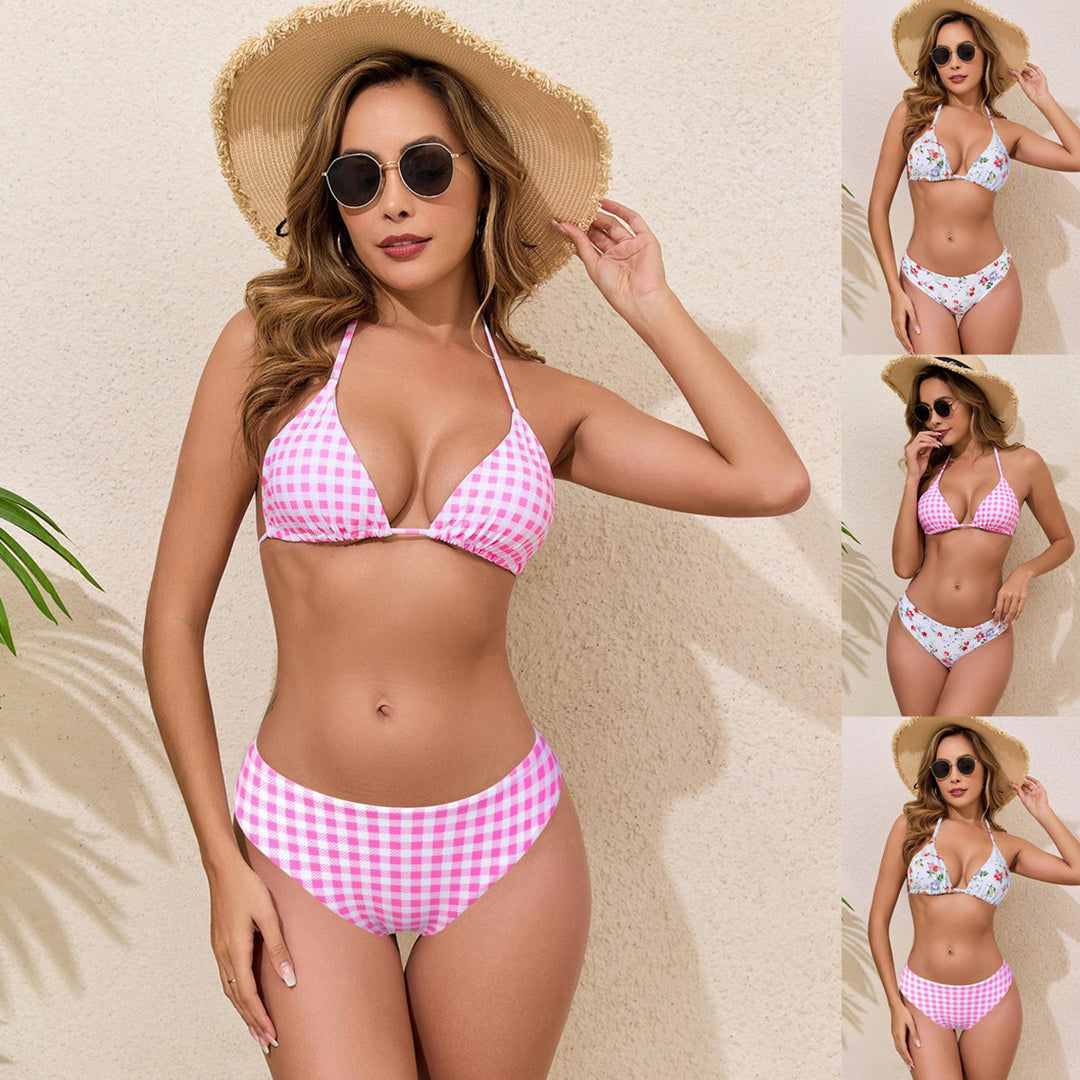 Women's bikini set with floral pattern and gingham design StylebySassy