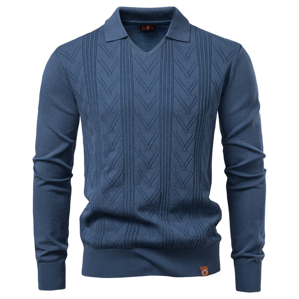 Men's fine knit polo sweater with V-neck, zigzag pattern and Kent collar StylebySassy