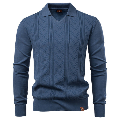 Men's fine knit polo sweater with V-neck, zigzag pattern and Kent collar StylebySassy