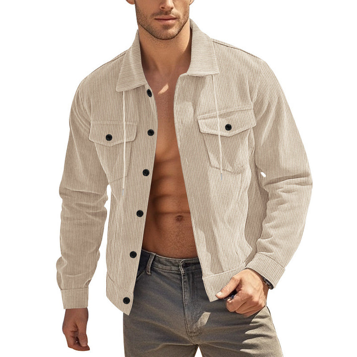 Men's casual fine ribbed cord jacket with stand-up collar, chest pockets and elastic hem StylebySassy