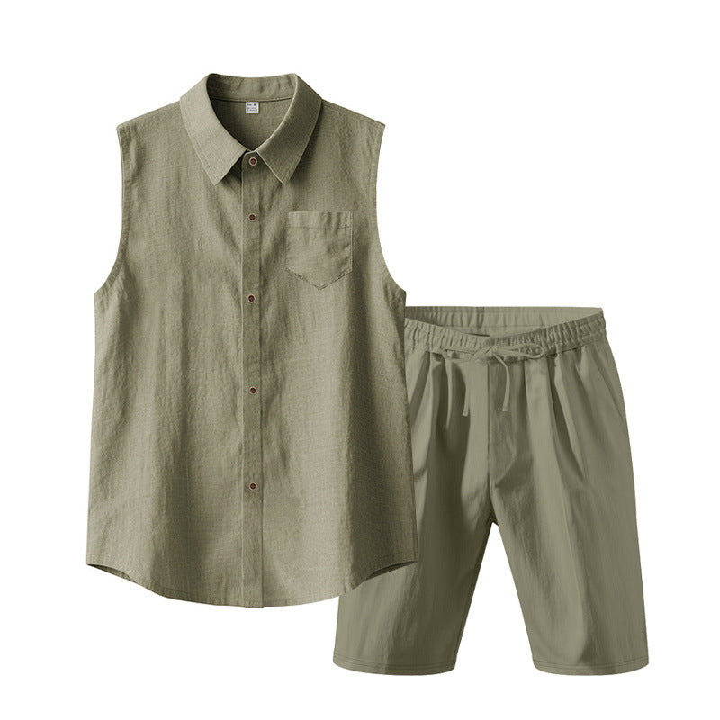Men's sleeveless shirt and shorts set made of cotton-linen with kent collar and elastic drawstring waistband StylebySassy