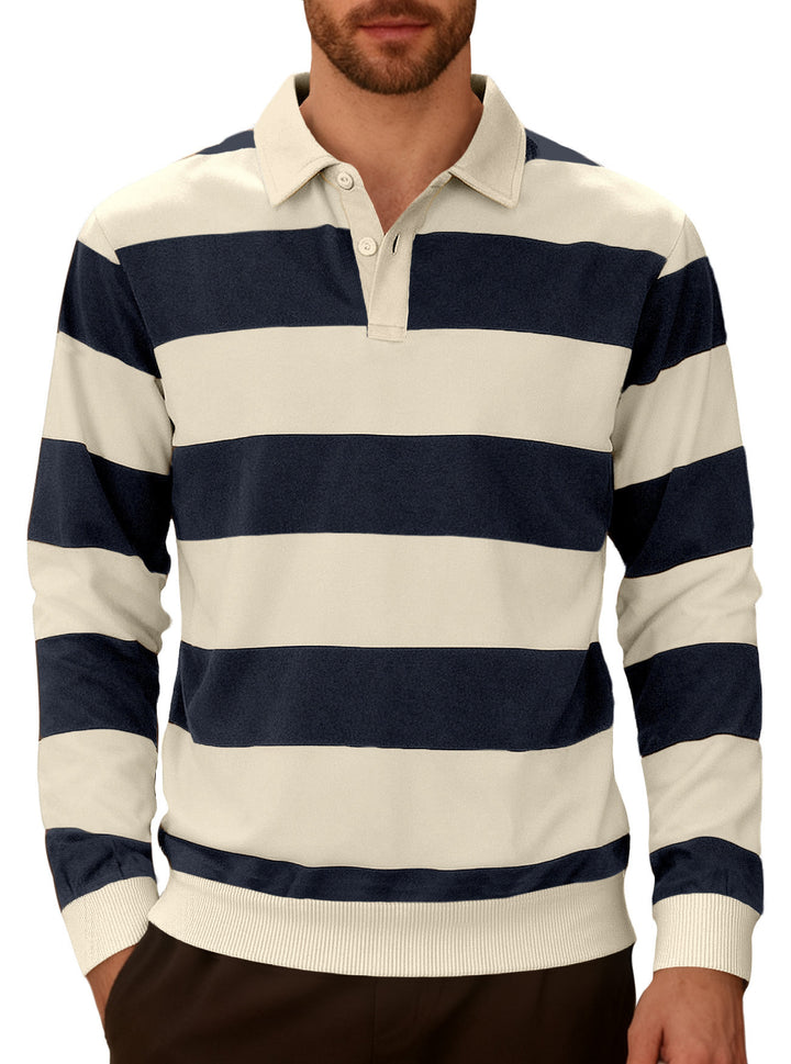 Men's striped rugby polo with a Kent collar, two-button placket, and ribbed hem StylebySassy