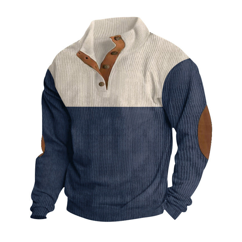 Men's ribbed Henley knit pullover with stand collar contrast yoke and elbow patches StylebySassy