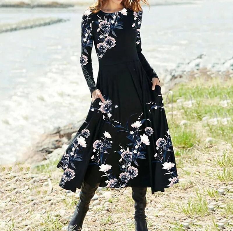 Women's Boho Maxi Dress with tailored empire waist, long sleeves, and side pockets StylebySassy