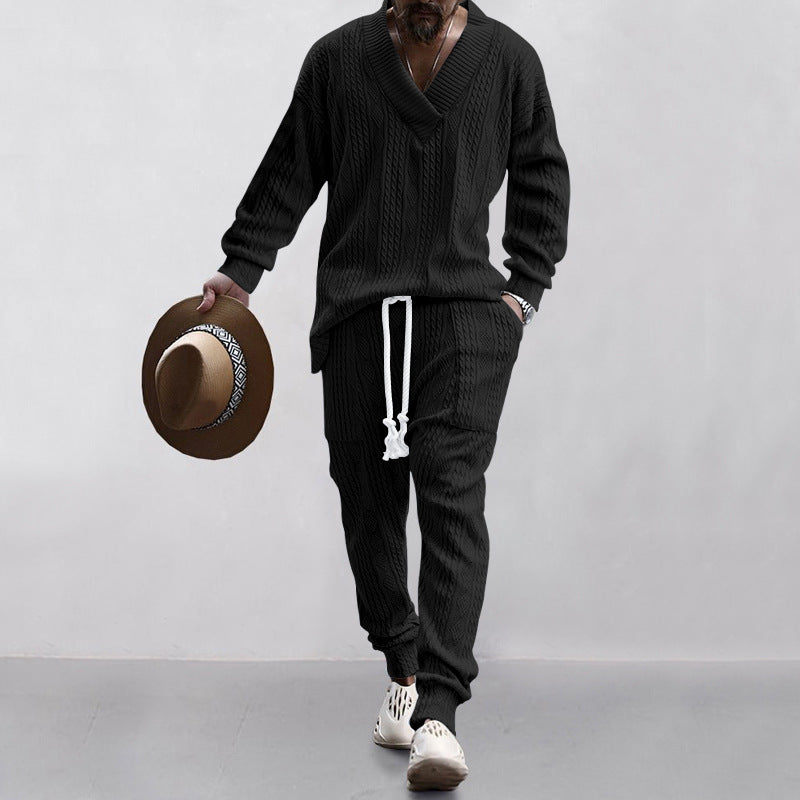 Men's comfortable cable knit set with deep V-neck, drawstring joggers and cuff StylebySassy