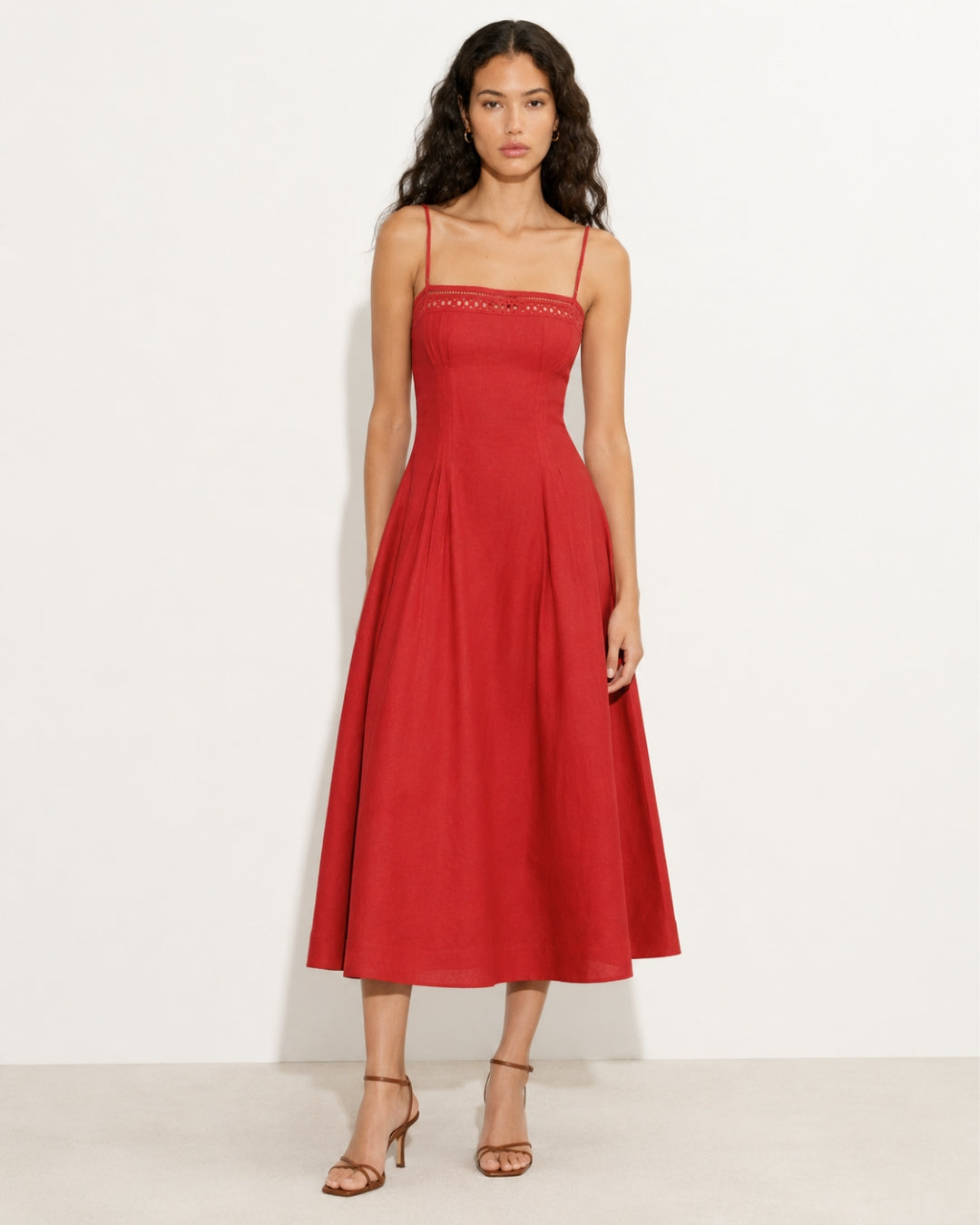 Women's Vintage-inspired Midi Dress with Slim Spaghetti Straps, Lace Insert and Flared Skirt StylebySassy