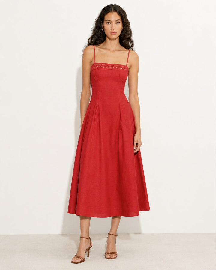 Women's Vintage-inspired Midi Dress with Slim Spaghetti Straps, Lace Insert and Flared Skirt StylebySassy