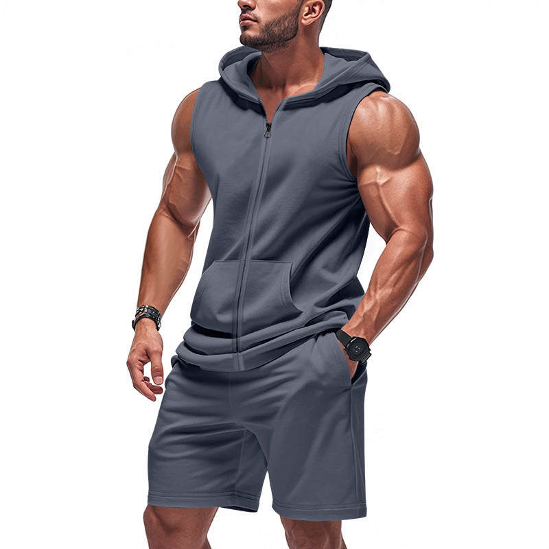 Men's sporty hoodie set with sleeveless sweatshirt, full zip, and training shorts StylebySassy