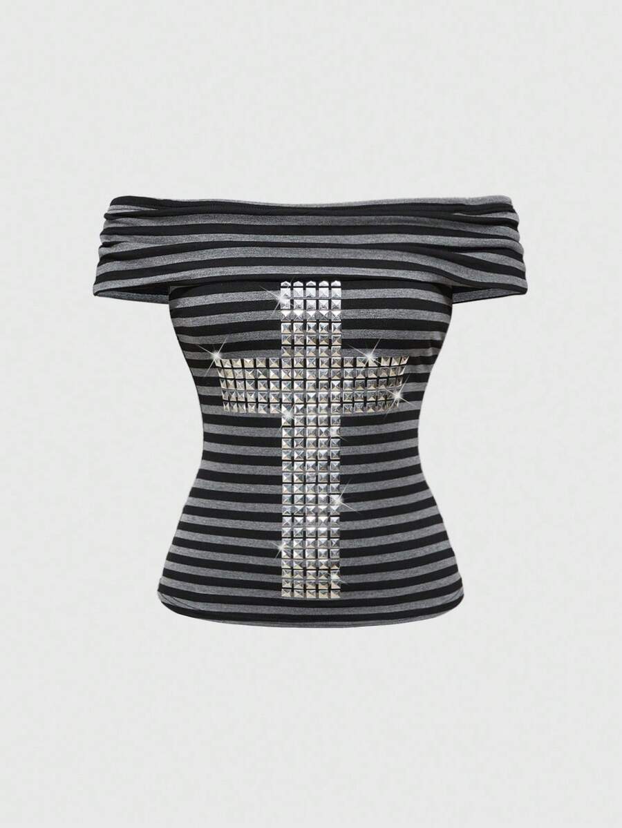 Women Off-Shoulder Top with glamorous rhinestone details StylebySassy