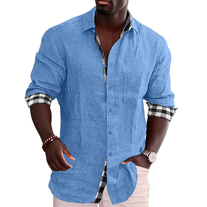 Men's linen mix casual shirt with contrasting check cuffs and a patch breast pocket StylebySassy