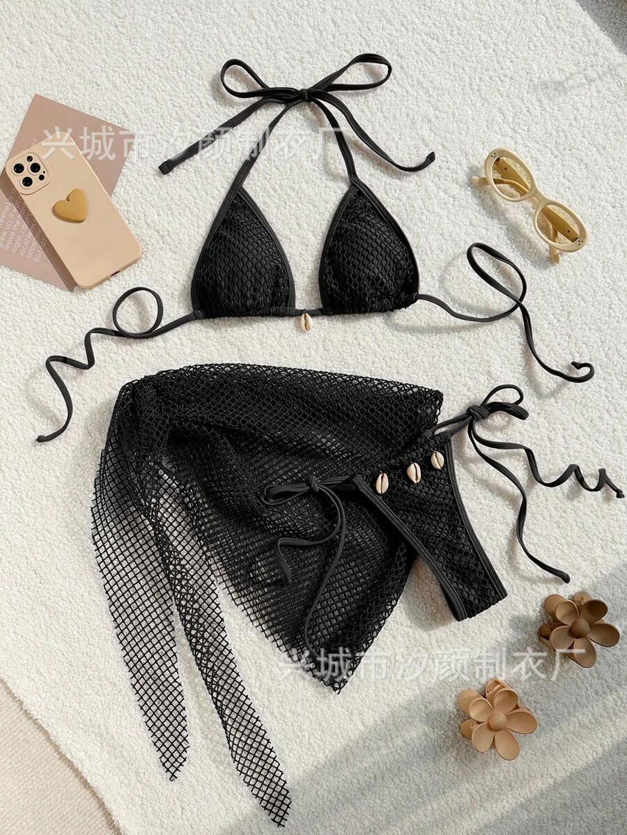 Women's triangle bikini with transparent mesh fabric and lacing details StylebySassy