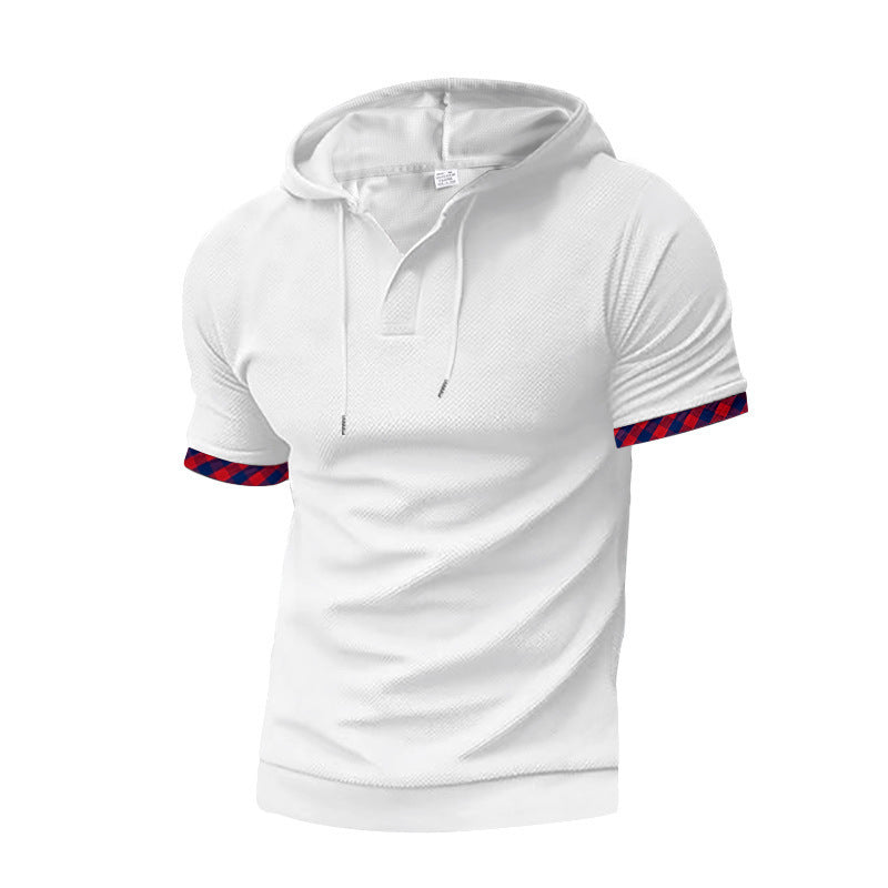 Men's slim fit short sleeve hooded shirt in polo style with Henley neckline and checkered sleeve cuff StylebySassy