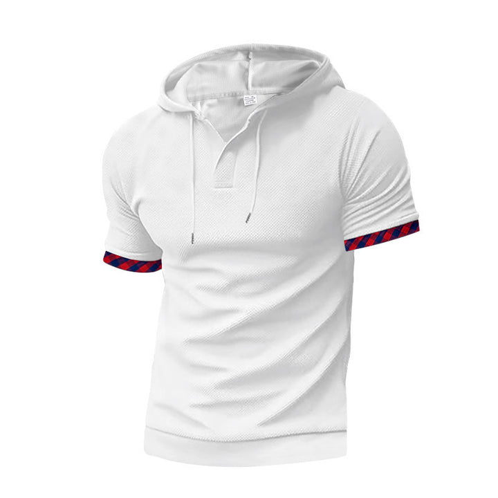 Men's slim fit short sleeve hooded shirt in polo style with Henley neckline and checkered sleeve cuff StylebySassy