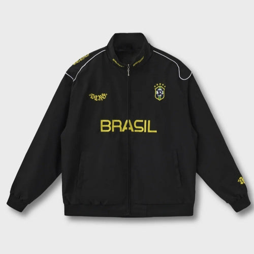 Unisex nan sporty retro training jacket with stand collar zipper chest emblem and Brazil lettering StylebySassy