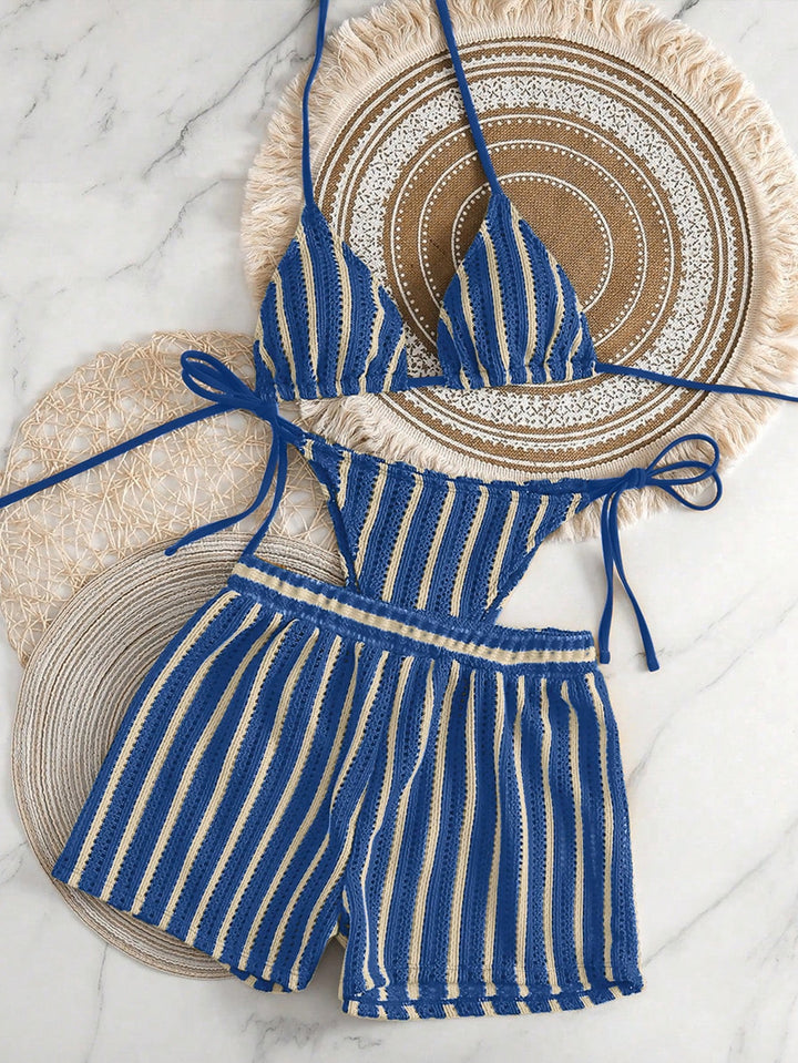 Women's bikini set with striped design and casual shorts StylebySassy