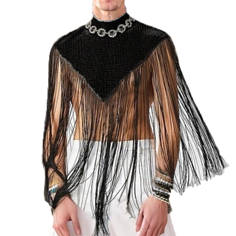 Ladies long fringed cape with turtleneck and V-shaped insert StylebySassy