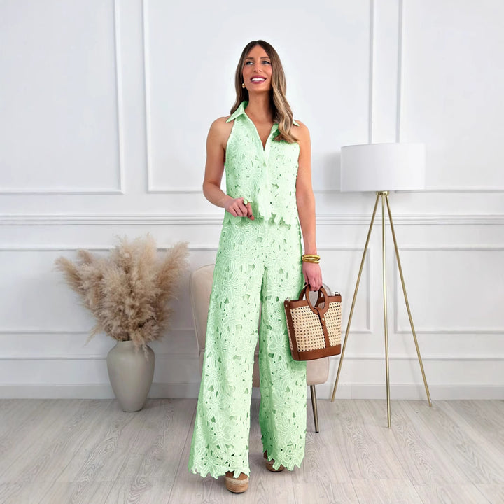 Women floral lace two-piece with shirt collar and wide palazzo pants StylebySassy