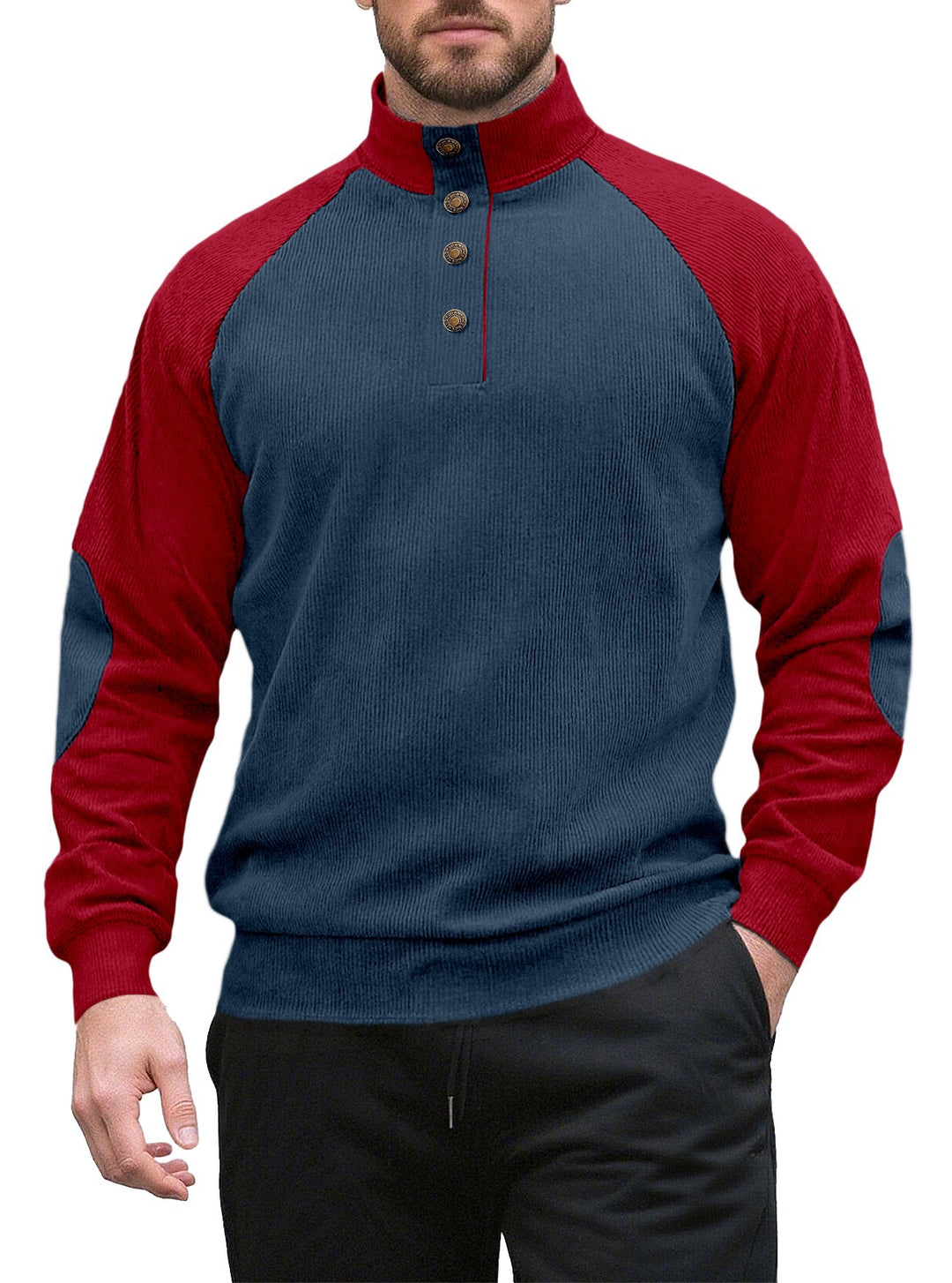 Men's two-tone ribbed troyer with asymmetrical button placket and velour elbow patches StylebySassy