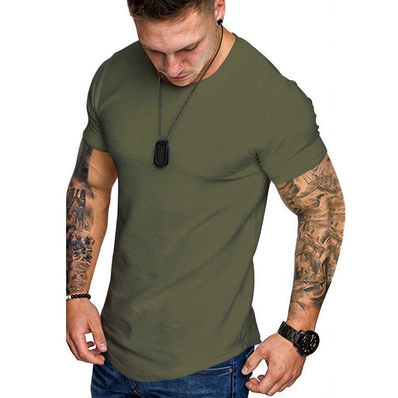 Men's figure-hugging round neck shirt with athletic cut elastic cotton-elastane mix and rounded hem StylebySassy