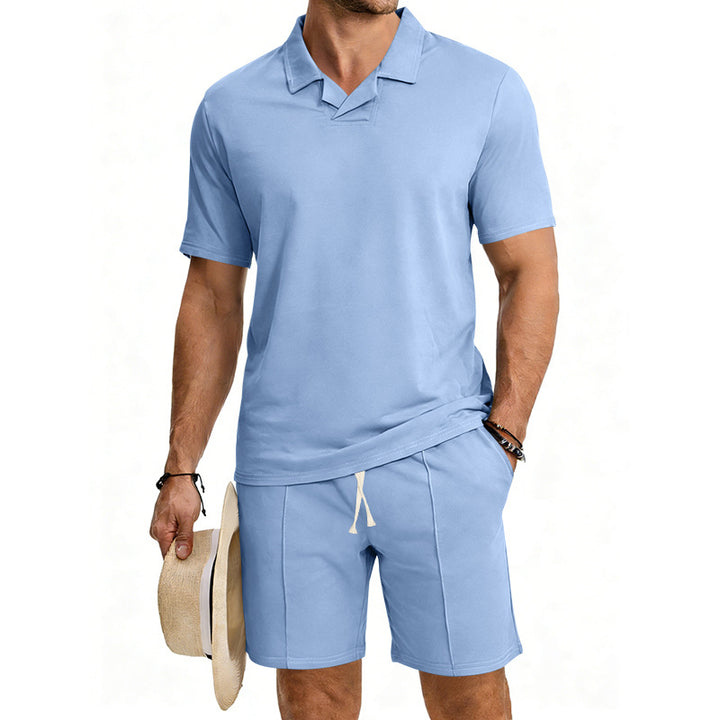 Men's short-sleeved polo lounge set with V-insert at the collar and drawstring bermuda StylebySassy