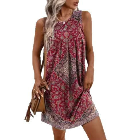 Women sleeveless swing mini dress in tunic style with central knife pleat and ornamental medallion pattern StylebySassy