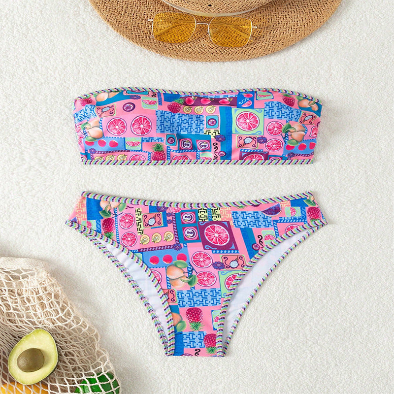 Ladies bandeau bikini with fruity pattern and decorative contrasting seams StylebySassy