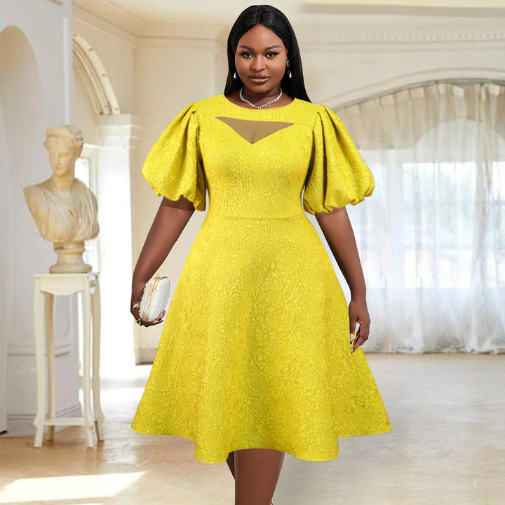 Women's midi dress with voluminous puff sleeves and decorative neckline StylebySassy