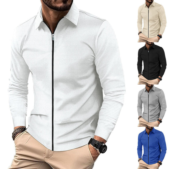 Men's structured long-sleeve polo in waffle knit with shirt collar and narrow shoulder section StylebySassy