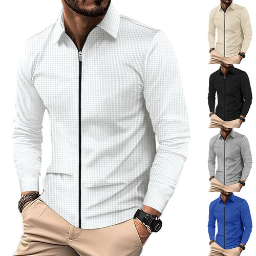 Men's structured long-sleeve polo in waffle knit with shirt collar and narrow shoulder section StylebySassy