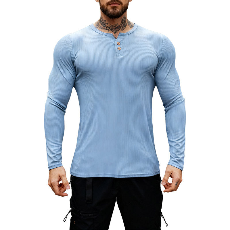 Men's ribbed long-sleeve Henley shirt with flat button placket and fitted stretch fit StylebySassy