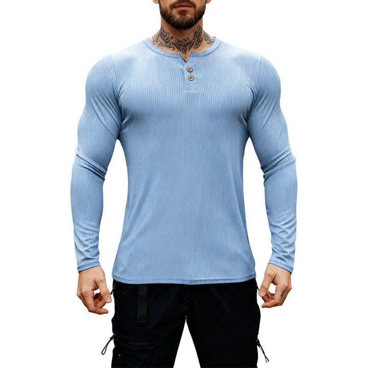 Men's ribbed long-sleeve Henley shirt with flat button placket and fitted stretch fit StylebySassy