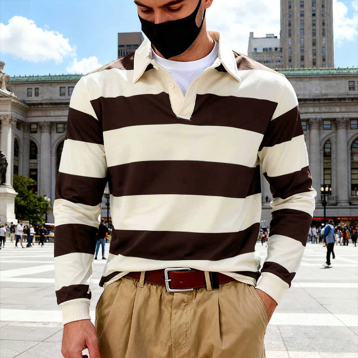Men's striped rugby polo shirt made of cotton blend with short button placket and ribbed cuffs StylebySassy