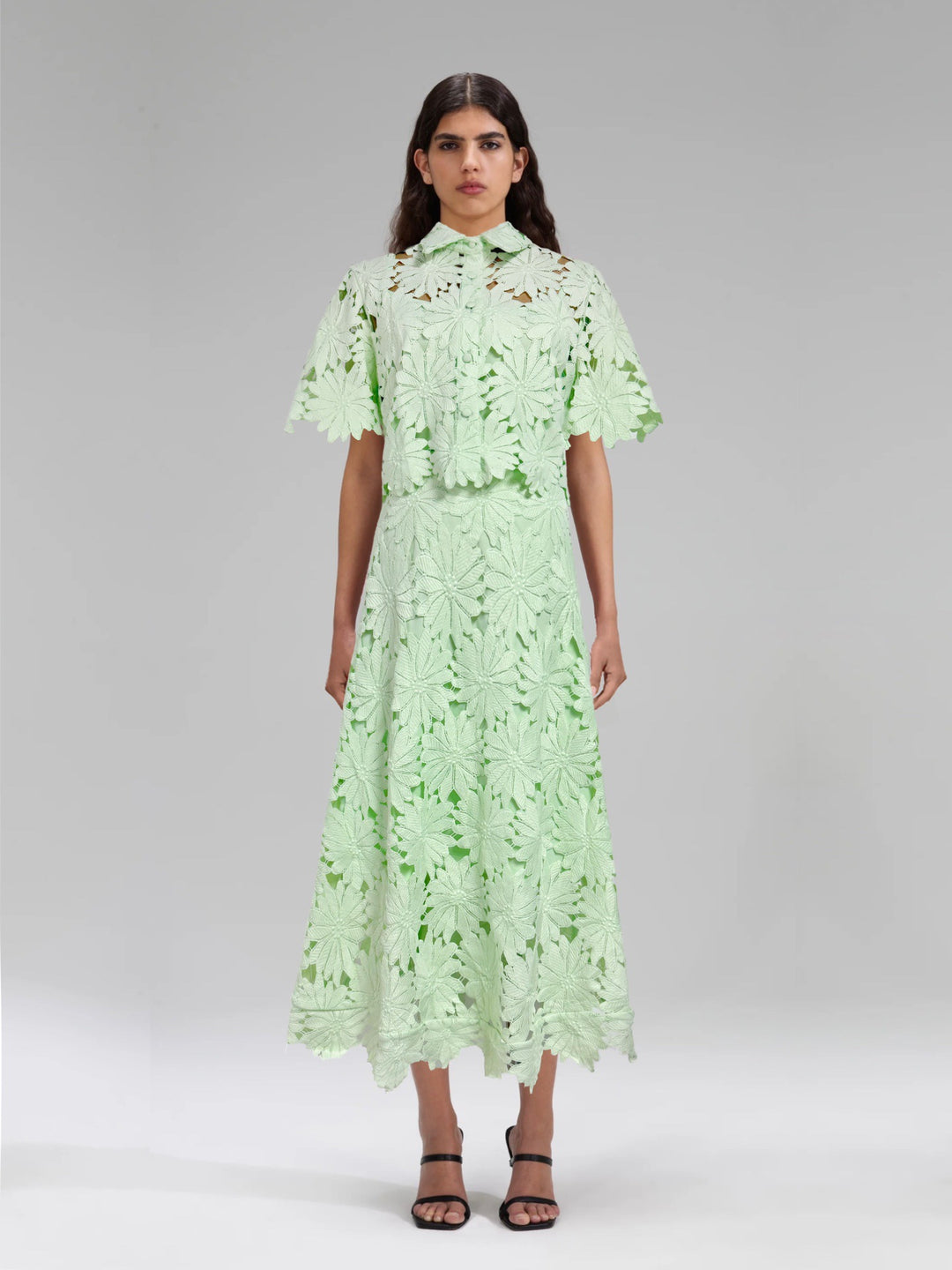 Ladies two-piece crochet lace set with shirt collar, short sleeves, and flared midi skirt StylebySassy
