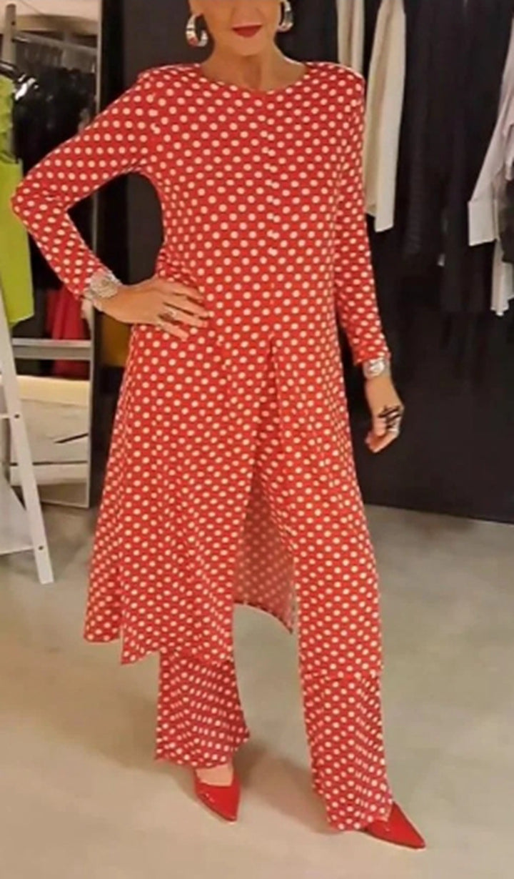 Women Nan Polka Dot Lounge Set with Long A-Line Tunic, Center Front Slit, and Wide Palazzo Pants StylebySassy