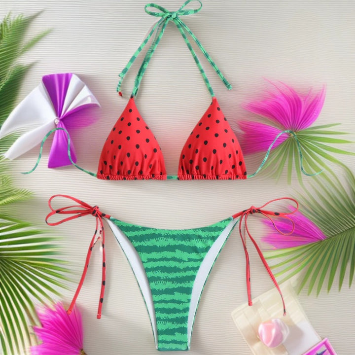 Women's triangle bikini with playful fruit design and adjustable straps StylebySassy