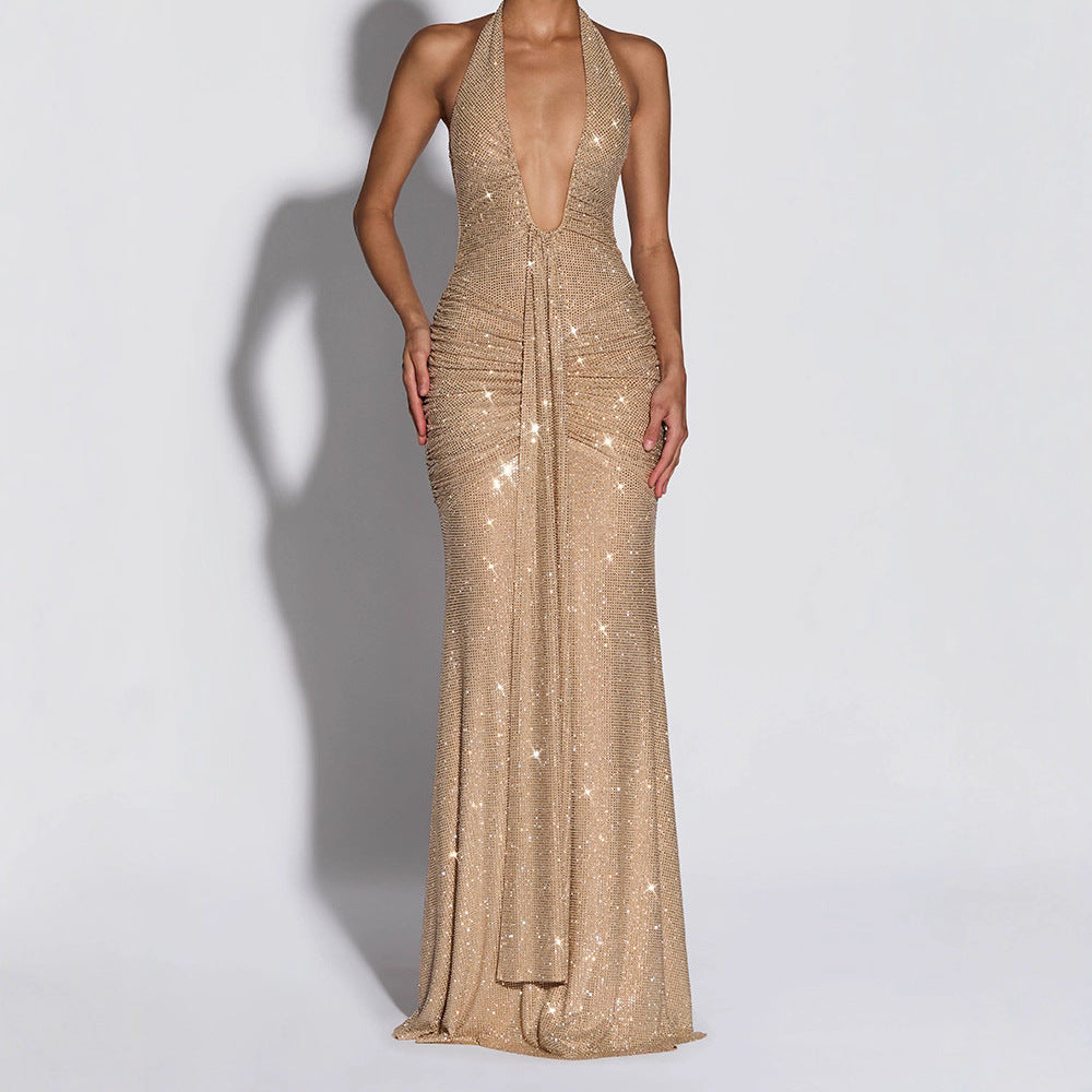 Women's Glamorous Evening Dress with Deep V-Neck and Sparkling Details StylebySassy