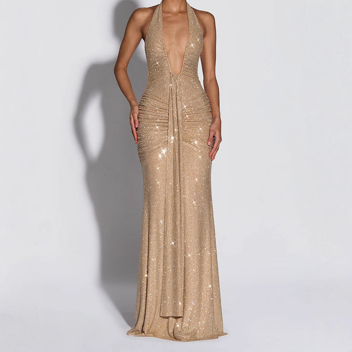 Women's Glamorous Evening Dress with Deep V-Neck and Sparkling Details StylebySassy
